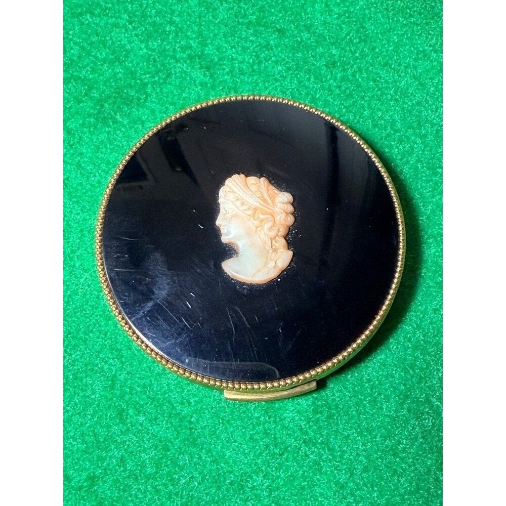 Vintage Evans 'Cookie' Cameo Compact Case Black Enamel with Gold Trim